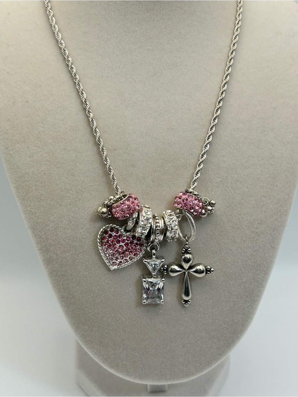 Sparkling Pink Crystals Charm Necklace Silver-tone Cross 30" Unsigned - Picture 2 of 13